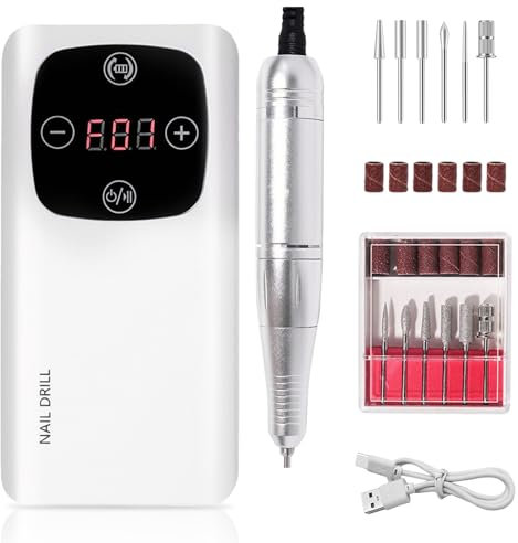 Ponceuse Pour Ongles 45000 Tr/Min, Ponceuse à Ongles Rechargeable à Vitesse RéGlable, Ponceuse Pour Ongles Professionnelle Avec éCran Lcd, Kit De Manucure Et PéDicure Pour Salon/Maison (Blanc)