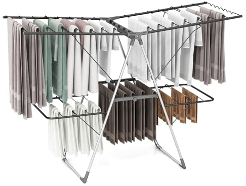 GIANTEX Tendedero Plegable de 2 Niveles, Secador de Ropa con Alas Ajustables en Altura (75-130 cm), 33 Barras, Clip Útiles, Marco de Acero en Forma de A, Tendedero Ahorra Espacio