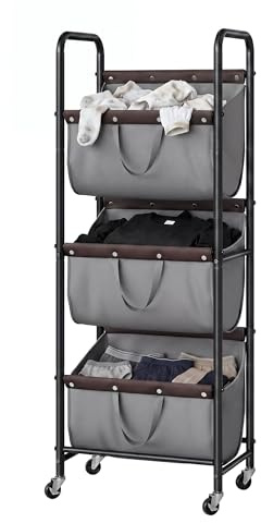 GRANNY SAYS 3 Tier Laundry Sorter, Laundry Hamper with Wheels, Laundry Room Organization and Storage, 3 Section Rolling Laundry Cart for Dorm, Bathroom, Bedroom, Closet, Grey