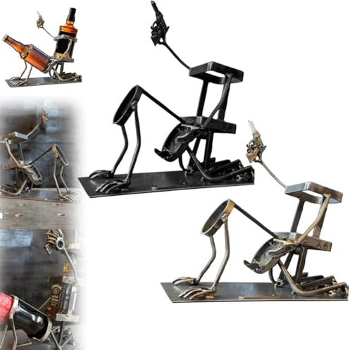 Skull Coke and Wine Bottle Stand, Metal Skull Skeleton Bar Decor for Whiskey, Steampunk Style Beer Beverage Display Stand, Unique Funny Creative Man Prank Gift Holder for Wine Lovers(2PCS-A+C)