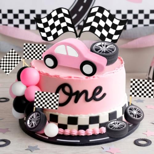 JeVenis Rennwagen Kuchendekorationen Auto Kuchendekoration Karierte Two Fast Geburtstagsdekorationen Flaggen Kuchendekoration Growing UpFast One Fast Three Need Four Speed Geburtstagsdekorationen