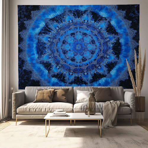 DLERFLOVR Wandteppich Mandala-Muster Wandtuch Batik-Stil Ideal als Wandbehang Aesthetic Tapisserie für Wohnzimmer Schlafzimmer Dekoration 180x230 cm, Indigo