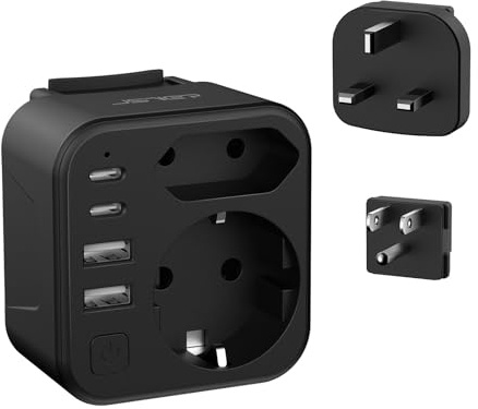 JSVER Enchufe de Viaje Universal,Adaptador Enchufe Universal con 2 Enchufes Reemplazables Tipo B/G Cargador Internacional para España, EE. UU., Reino Unido, Singapur, Canadá(Negro)