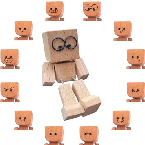 Generisch Wackelmännchen Holzfigur für Auto Armaturenbrett, Handgefertigt mit 12 Magnetischen Ausdrücken, Dekorative Schüttelnde Holzfigur