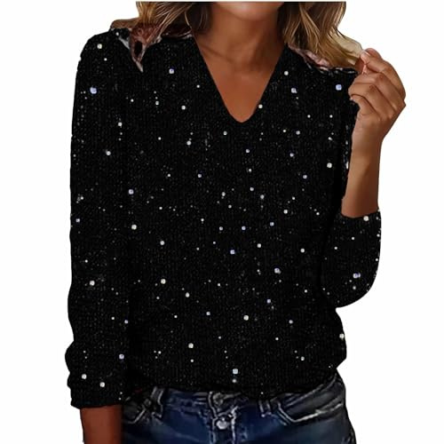 Sequin Top for Women UK Sparkly Tunic Blouses Shiny Long Sleeve V Neck T Shirt Party Night Club Casual Loose Dressy Tee Ladies Elegant Shimmer Glitter Shirts Wedding Christmas Cocktail Prom Going Out