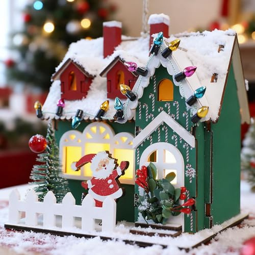 GZWY Weihnachtsdeko Holz Weihnachtshäuser mit LED Licht, Weihnachtsdorf mit Beleuchtung Weihnachtshaus Beleuchtet, LED Weihnachtsdorf Häuser Tischdeko Weihnachten für Weihnachtsdeko Innen Tisch (A)