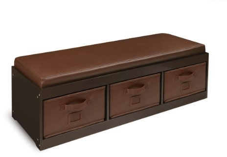 Badger Basket Kids’ Storage Bench with Cushion - Toy Organizer with 3 Removable Bins, Faux Leather Seat, Durable Wood Frame - Seating and Storage for Playroom or Bedroom - Espresso