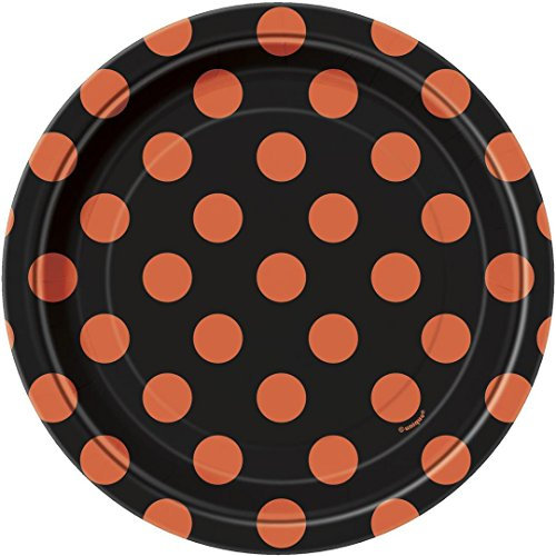 Unique Party 37424 - 18cm Orange and Black Polka Dot Halloween Party Plates, Pack of 8