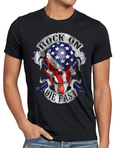style3 USA Rock on Die Fast Herren T-Shirt Biker US Flagge Totenkopf, Größe:3XL, Farbe:Schwarz