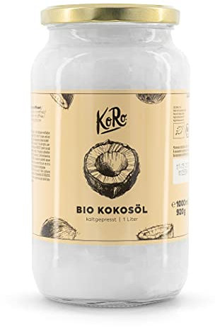 KoRo - Huile de coco bio 1 L - Huile de Coco Biologique, Naturelle, Vegan - Un pot en verre avec bouchon, pour la cuisine, la pâtisserie, les cosmétiques, le bien-être