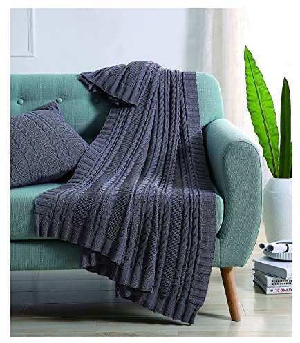 VCNY Home | Throw Blanket-100% Cotton in Cable Knit Weave, Ultra Plush, Luxuriously Warm-for Bed, Couch, or Chair, Microfiber, Grey, 50x70