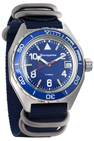 Vostok Komandirskie Automatik-Armbanduhr für Herren, selbstaufziehend, russische Militär-Armbanduhr, WR 200 m, # 650853, 650853: blau, Selbstaufziehend