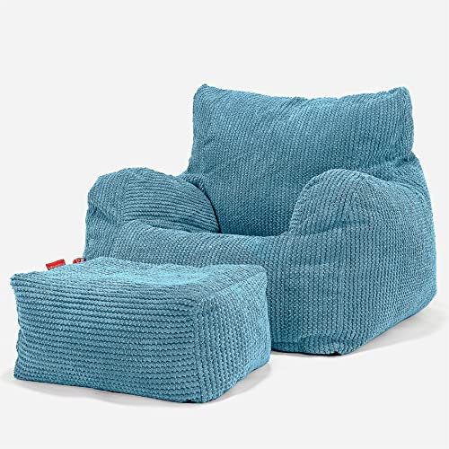 Lounge Pug, Sitzsack Ohrensessel mit Hocker, Pom-Pom Türkis