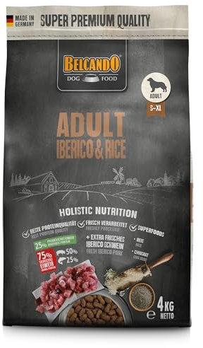 BELCANDO Adult Iberico & Rice [4 kg] Hundefutter | Trockenfutter für Hunde | Alleinfuttermittel für ausgewachsene Hunde Aller Rassen ab 1 Jahr
