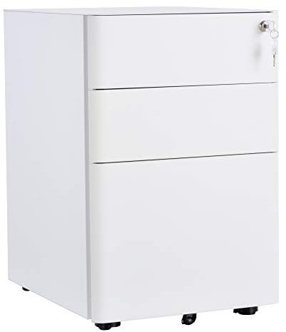 Vinsetto Caisson de Bureau Rangement Bureau sur roulettes 3 tiroirs coulissants verrouillables trieur à dossiers dim. 39L x 48I x 59H cm Acier Blanc