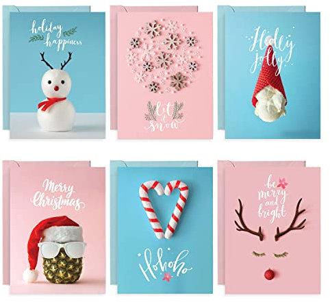 Easykart Weihnachtskarten | 24 Karten – 6 verschiedene Designs von 4 Stück mit Hochglanz-Punkt-UV | 18 x 14 cm Frohe Weihnachtskarten mit Siegelaufklebern für Freunde, Familie und Lieben