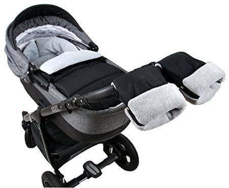 Babylux Fußsack DELUXE THERMO FLEECE Kinderwagen 90cm Kinderwagenfußsack Buggy/Muff Sportwagen warm und winddicht (Schwarz + Grau mit Handmuff)