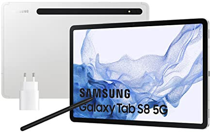 Samsung Galaxy Tab S8 con caricatore - Tablet da 11 (8 GB RAM, 256 GB di archiviazione, 5G, Android 12) Argento - Versione spagnola