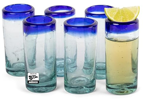 FESTMEX Authentic Hand Blown Mexican Tequila Shot Glasses – Set of 6 Cobalt Blue Rim Tequila Shot Glasses Made from Recycled Glass by Artisans (2 OZ, Cobalt)
