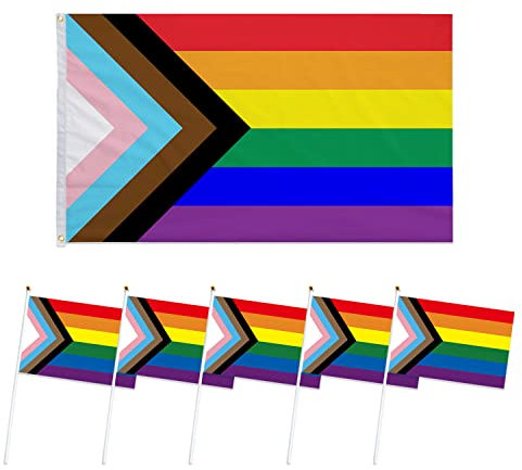 Progress Flag, Gay Pride Flag, Rainbow Flag, Gay Flag, 150x90cm, mit 5 kleinen Fahnen mit Fahnenmasten