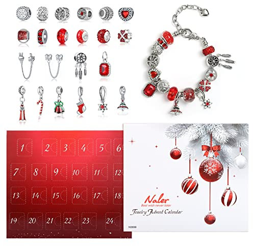 Naler 24-teilig Charms Adventskalender Rot Schmuck Anhänger Glasperlen mit Ketten und Armband für Weihnachten