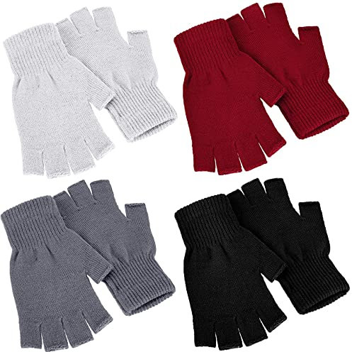 SATINIOR 4 Paar Winter Halbfinger Handschuhe Gestrickte Fingerlose Fäustlinge Warme Dehnbare Handschuhe für Damen und Herren, Schwarz, Rot, Weiß, Dunkelgrau, 6.7 x 3.54 inches