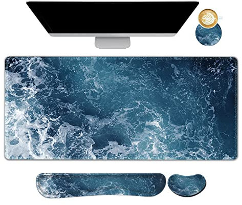 ArtSo Tapis de souris de jeu étendu, repose-poignet et support de poignet abstrait, base antidérapante, tapis de bureau en mousse à mémoire de forme, vagues de l'océan