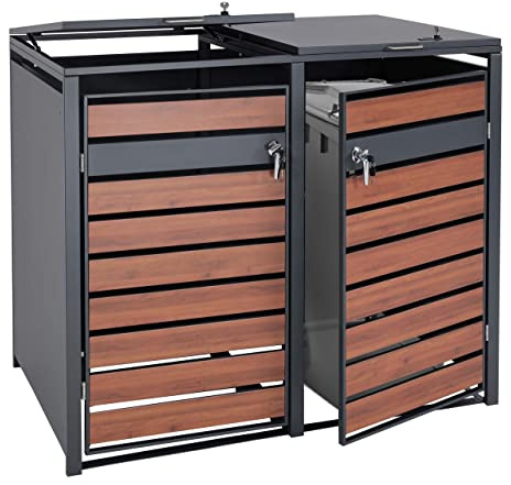 2er Mülltonnenverkleidung HWC-J81, Mülltonnenbox, erweiterbar, Metall 50kg, anthrazit - Kirsche-Holzoptik Dunkelbraun
