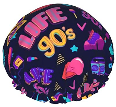 Duschhaube Retro 80er 90er Vintage Wiederverwendbare Bad Duschhauben Für Frauen Langes Haar Doppelschicht Wasserdichter Badeduschhut Haarschutz Für Mädchen Frauen 1 Packung