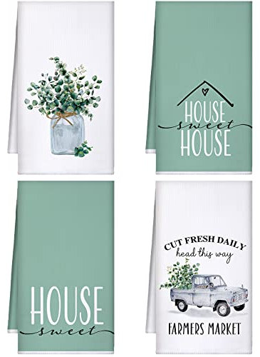Bencailor Set de 4 Toallas de Cocina de Eucalipto Absorbentes Paño de Cocina de Microfibra Suave de 40 x 60 cm Toalla de Mano Decorativa de House Verdor Verde para Platos Baño Hogar Boda