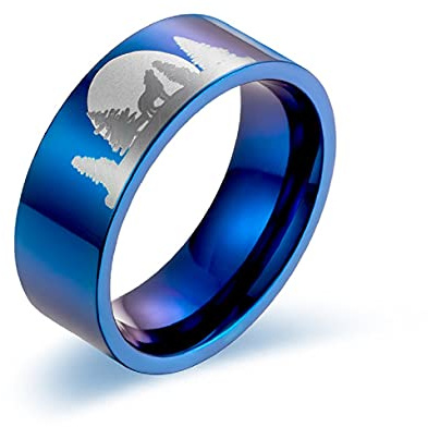 MayiaHey Wolf Ring, Mond Wald Wolf Ring für Männer, Nordischer Wikinger Wolf Tier Ring Wolf Schmuck, Edelstahl Keltischer Wolf Ring Hip Hop Heulen Wolf Band Ring Punk Wolf Ring (17.3, Blau)