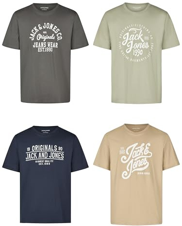 JACK & JONES JJLINO Lot de 4 t-shirts à col rond et manches courtes, coupe droite, imprimé été, 100 %, t-shirt en coton, noir, blanc, vert, rouge, bleu, gris, tailles S, M, L, XL, XXL, 3XL