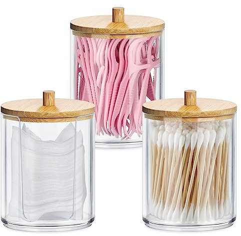 Gigmeta 3 Stück Acryl Wattestäbchen Behälter, Wattepads Aufbewahrung mit Bambus Deckeln, Wattestäbchen Halter, Wattestäbchen Behälter, Wattepadspender für Wohnzimmer, Schlafzimmer, Badezimmer