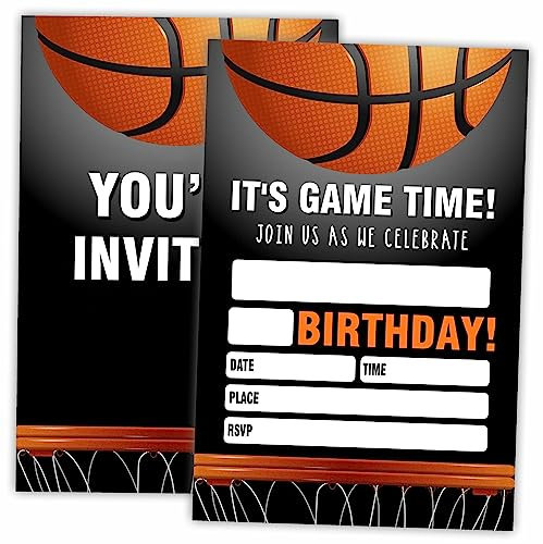 AWSICE Basketball-Geburtstagseinladungen, 20 Einladungskarten mit Umschlägen, doppelseitige Sporteinladungskarten für Geburtstagsparty, Jungen, Mädchen, Kinder, Teenager, D19