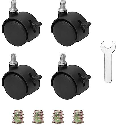 Lot de 4 roulettes pivotantes en nylon de 4,1 cm avec frein, avec écrou de tige fileté M7,5 et clé - Noir
