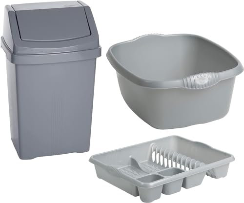 JMS we create smile Set of 3 - Plastic 50L Litre Swing Bin + Large Dish Drainer + Rectangular Washing Up Bowl Multipurpose Drying Rack Organizer Office Home & Kitchen Accessories (Silver)