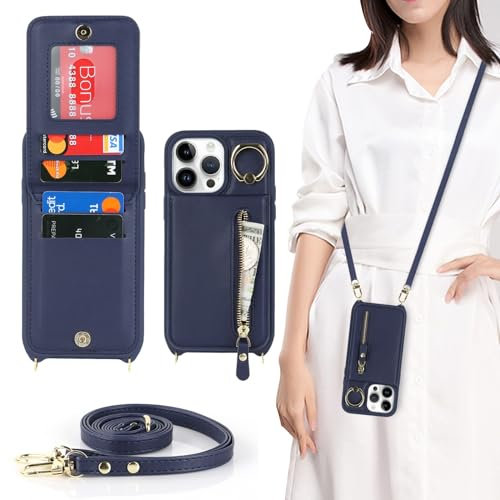 Zouzt for iPhone 14 Pro Max Case with Cord and Card Holde, Zipper Wallet Case with Crossbody Lanyard Ring Adjustable Necklace Protective Cover Women for iPhone 14 Pro Max 6.7 Inch - Blue