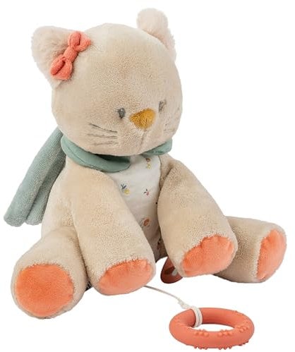 Nattou Aktiv-Kuscheltier aus Baumwolle und Velours, Mit Musik und Silikonring, Katze Lana, Ca. 30 cm, Mila, Zoë und Lana, Beige