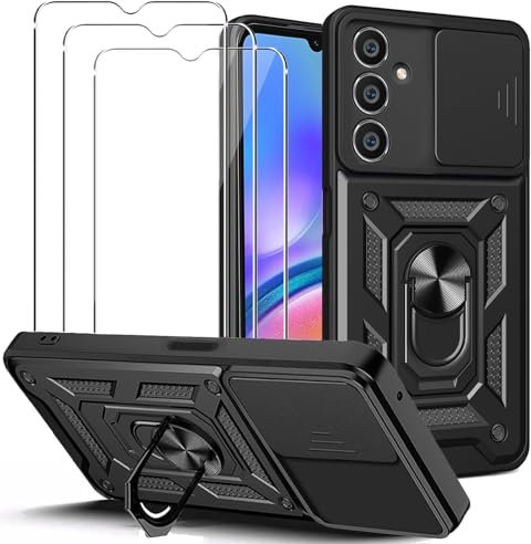 KUSINHOKA Coque pour Samsung Galaxy A05s avec entille Coulissante Couverture et Support Rotatif + [3 Pièces] Verre Trempé, Étui de Protection de Qualité Militaire [Antichoc] Rigide Housse, Noir