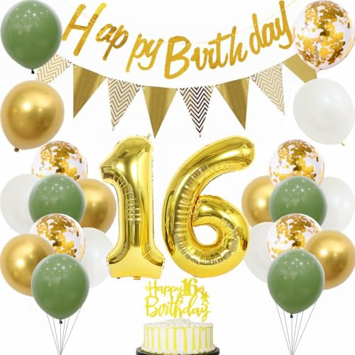 Yunchu Online Deko 16 Geburtstag Junge Mädchen 16 Jahre Geburtstag Party Dekoration 16. Tortendeko Sage Grün Weiß Gold Party Ballons
