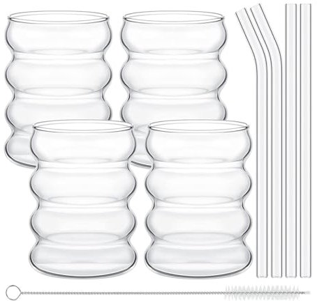 BEIJIALY Ensemble de Verres à Eau à Bulles, Tasse à Café Glacé avec Paille, Verres à Bulles Gobelets Verres à Jus Verres à Boissons Coupe en Verre Transparent Verrerie(4 pièces avec paille)