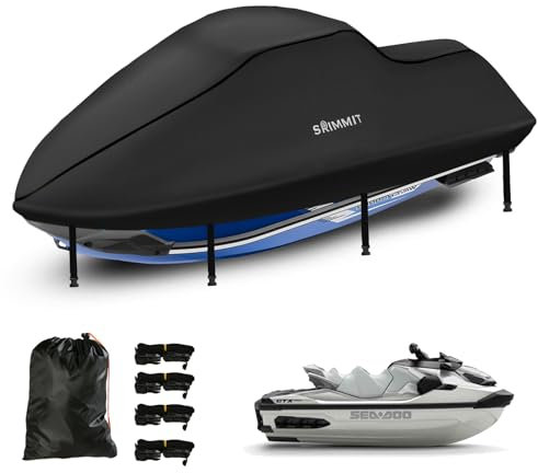 Jet Ski Abdeckung 3 Sitzer,420D Oxford-Stoff Jet Ski Bootsabdeckung,2 BelüFtungsöFfnungen,4 Winddichte Schnallen,Geeignet für Seedoo,Kawasaki (Von MotorbootläNge 345–368CM Schwarz)