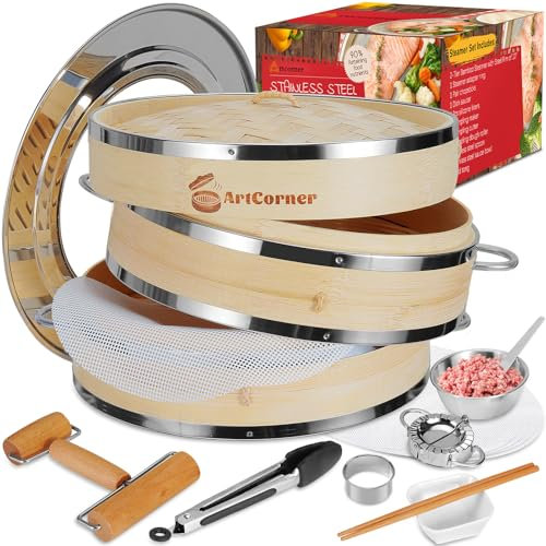 2-Tier Bamboo Steamer Basket Set 10-inch with Reinforcement & Handle,Bamboo Steamer for Cooking,Dumpling Bun Dim Sum, Rice Potsticker Steaming Chinese Asian Food & Vegetables