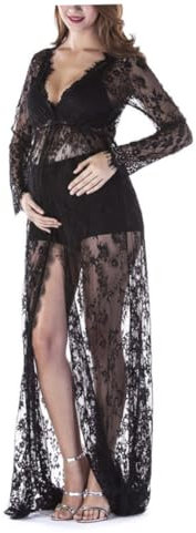 KYEQATY Robe De Grossesse Pour Séance Photo De Maternité - Col En V, Manches Longues, Dentelle - Pour Femmes Enceintes - Noir S