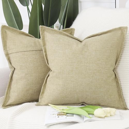 Madizz 2er Set Polyester Leinen Kissenbezügen mit breiter Kante Weiche dekorative Kissenbezüge für Sofa Schlafzimmer Kissenhülle Khaki 60x60 cm Quadrat