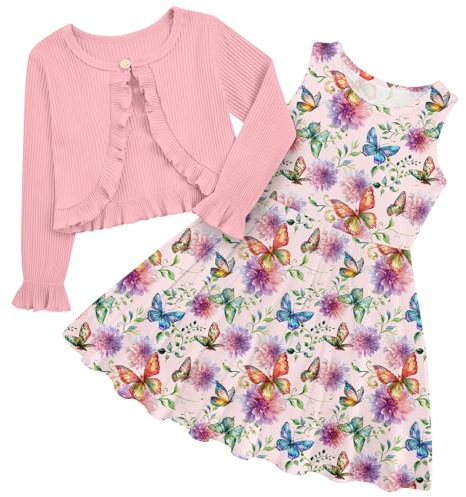 ALISISTER Girl 2PCS Outfits Toddler Girl Butterfly Print Sleeveless Dress and Ruffled Pink Cardigan Shrug Set 3-4Years