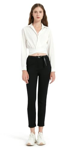 Glowelfa - Pantaloni cargo chino da lavoro da donna, taglio dritto, a vita alta, fine, chic ed elegante, elasticizzato, Nero , M
