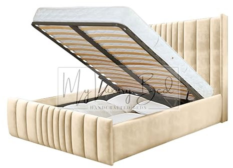 High Headboard Luxury Wingback Bed Frame With Gas Lift Storage - Gas Lift Ottoman Storage bed with 49 inches high headboard In same Plush Velvet Fabric (Cream, 5FT King Size)