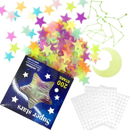 APKOL 213Pcs leuchtsterne kinderzimmer, 3D Sterne Leuchtend Selbstklebend, Leuchtsterne Selbstklebend, Mond und Konstellation mit Doppelseitige Klebepunkte,Leuchtsticker für Kleinkinderzimmer Deko