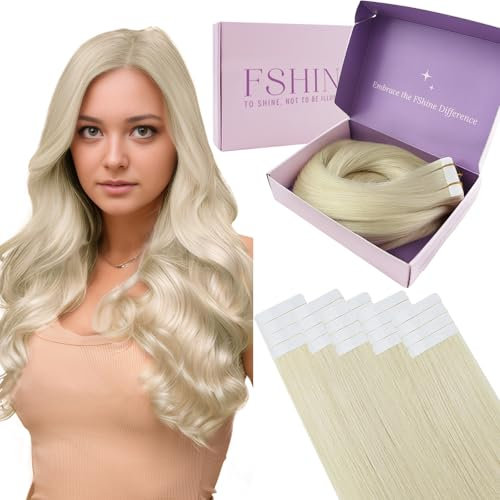 Fshine Echthaar Extensions Tape Blond 60cm Seidig Hair Extensions Echthaar Tape Haarverlängerung Weißblond 20 Stücke 50g Farbe 1000